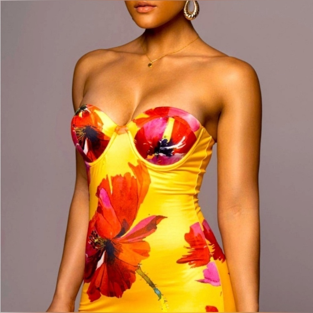 JLUXLABEL Yellow Floral Cora Midi Dress Small - Picture 2 of 3